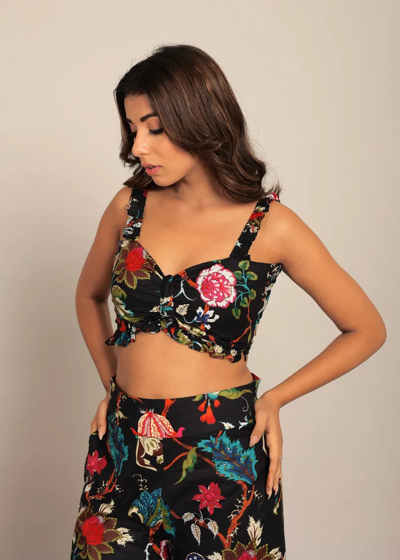 Custom Black Multicolor Floral Printed Western Bust Fitted Top Summer Halter Neck Sleeveless Casual Basic Top Button Sweet