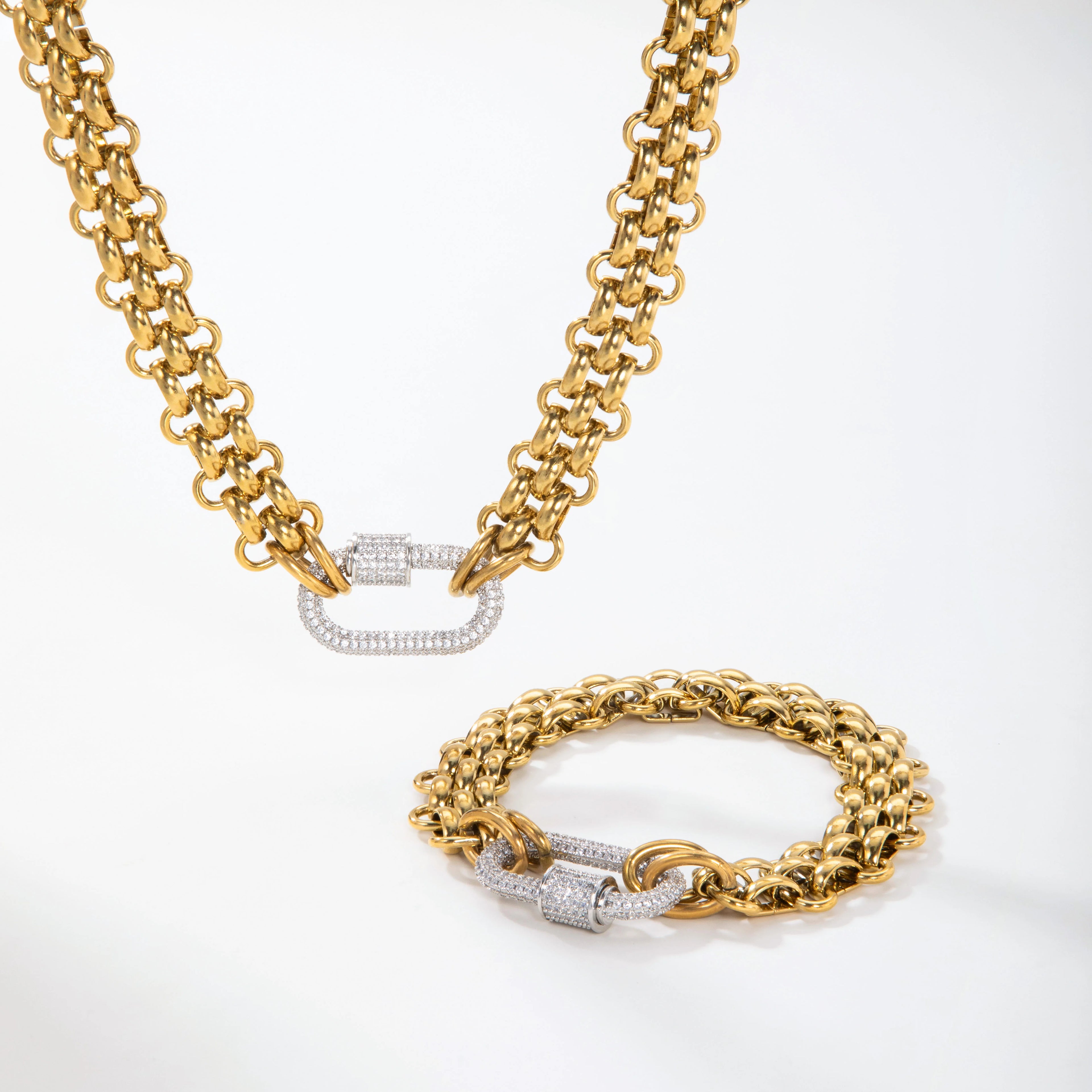 YF3811 Waterproof 18k Gold Plated Stainless Steel Hypoallergenicity Three Layer Weaving Chunky Chain Zircon Clasp Necklace