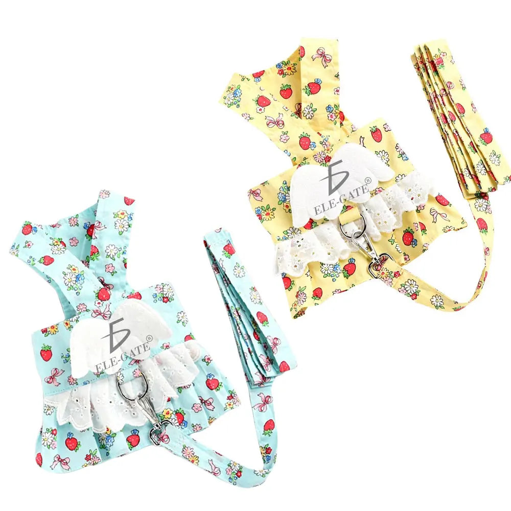 Cute Dog Harness Dress For Small Dogs With Fruits Pattern And Lace Trim In Blue And Yellow Colors, Spring Summer Fall Pet Appare