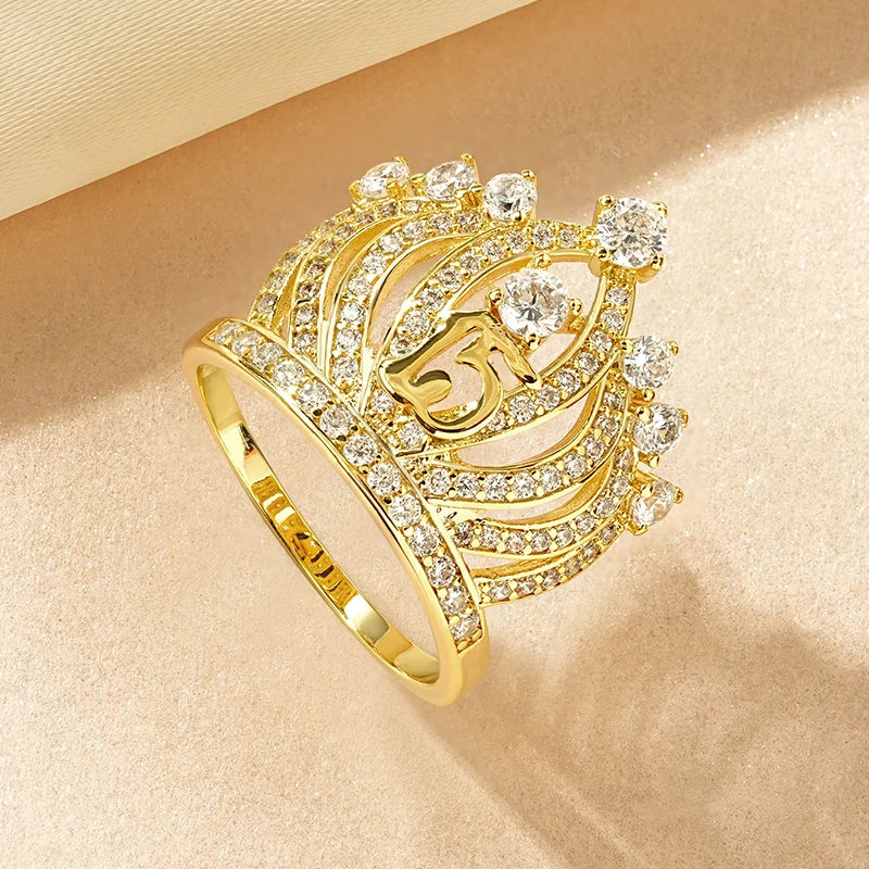 Best Sale Classic Fashion Jewelry Zircon Finger Inlaid Round Zirconia Number 15 Crown Engagement Rings for Lady Christmas Gift