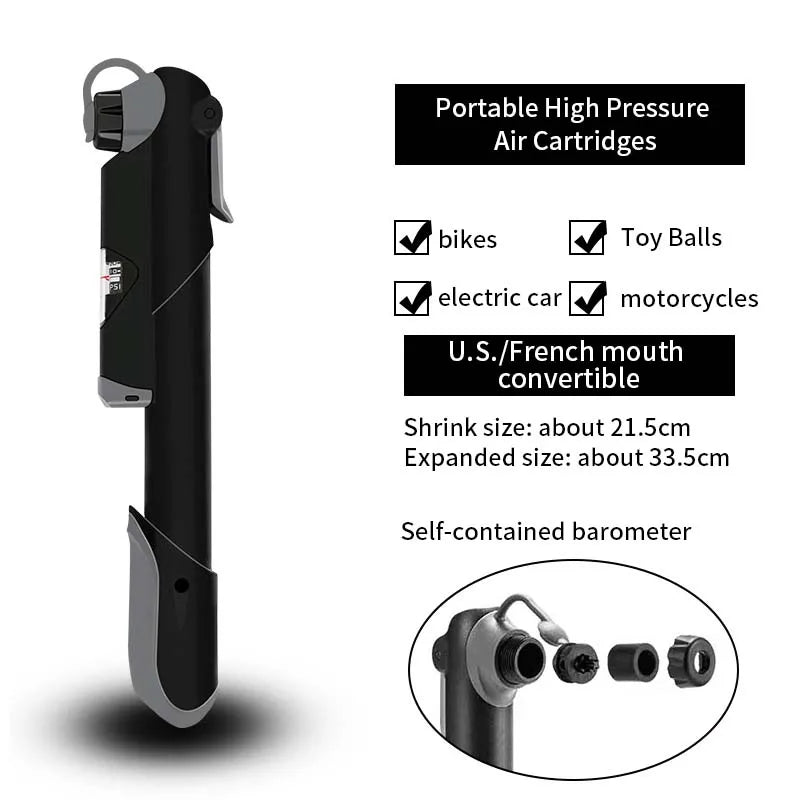 120 PSI Mini Bike Pump Mouth Conversion Mountain Bicycle Pump with Pressure Gauge