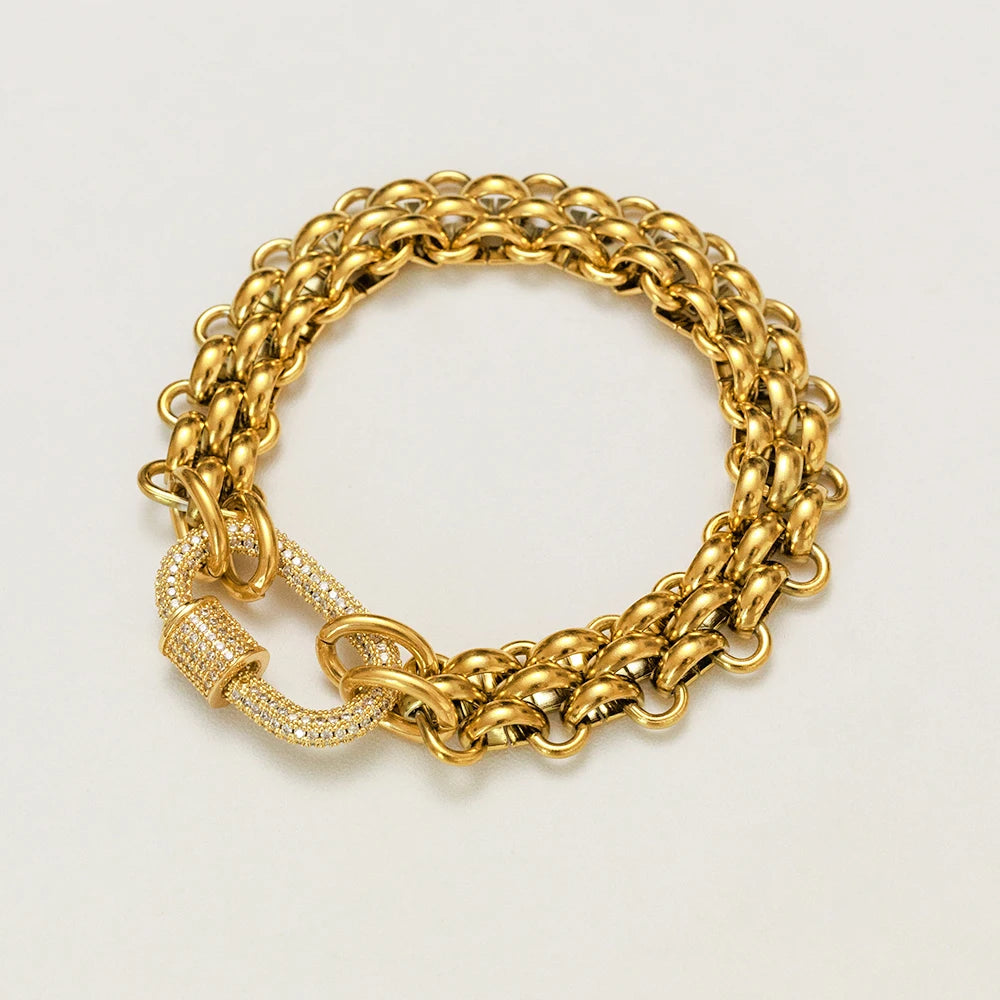 YF3811 Waterproof 18k Gold Plated Stainless Steel Hypoallergenicity Three Layer Weaving Chunky Chain Zircon Clasp Necklace