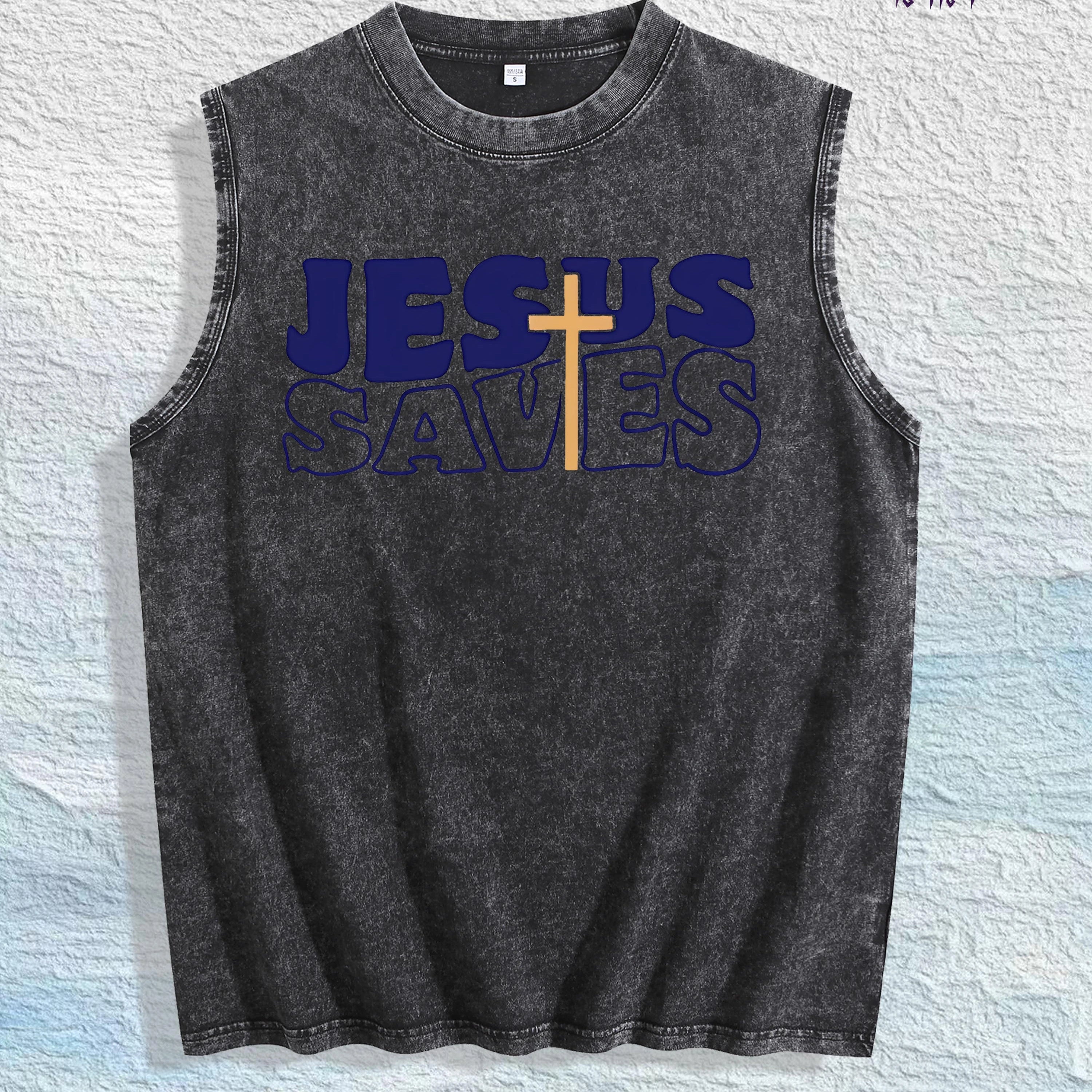 JESUS SAVES Religious Graphic Washed Vest US Warehouse 3 Colors Cotton Tank
