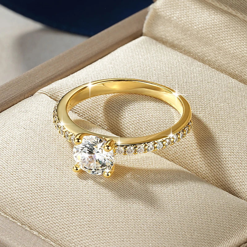 Luxury 14K Gold Filled High-Quality Copper Round Cut Moissanite Ring Four-Prong Classic Engagement Ring Jewelry for Women Gift