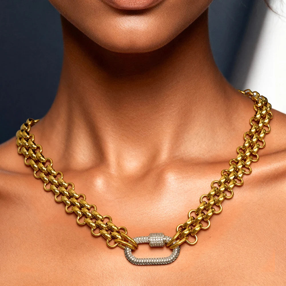 YF3811 Waterproof 18k Gold Plated Stainless Steel Hypoallergenicity Three Layer Weaving Chunky Chain Zircon Clasp Necklace