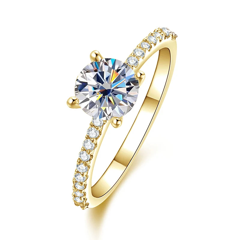 Luxury 14K Gold Filled High-Quality Copper Round Cut Moissanite Ring Four-Prong Classic Engagement Ring Jewelry for Women Gift