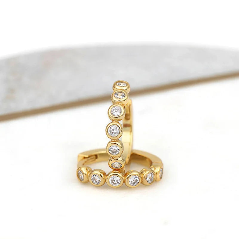 Gold Plated Huggie Earrings With Crystal Rhinestones Bezel Set Round Brilliant Cut For Women Party Trendy Fashion Jewelry