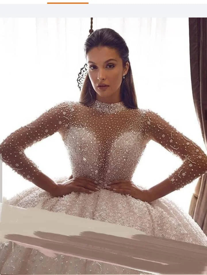 S3381F     2025   New Drop Shipping  Fashion High Quality Customize Long Round Neck  Wedding Gowns Dress Bridal Luxury