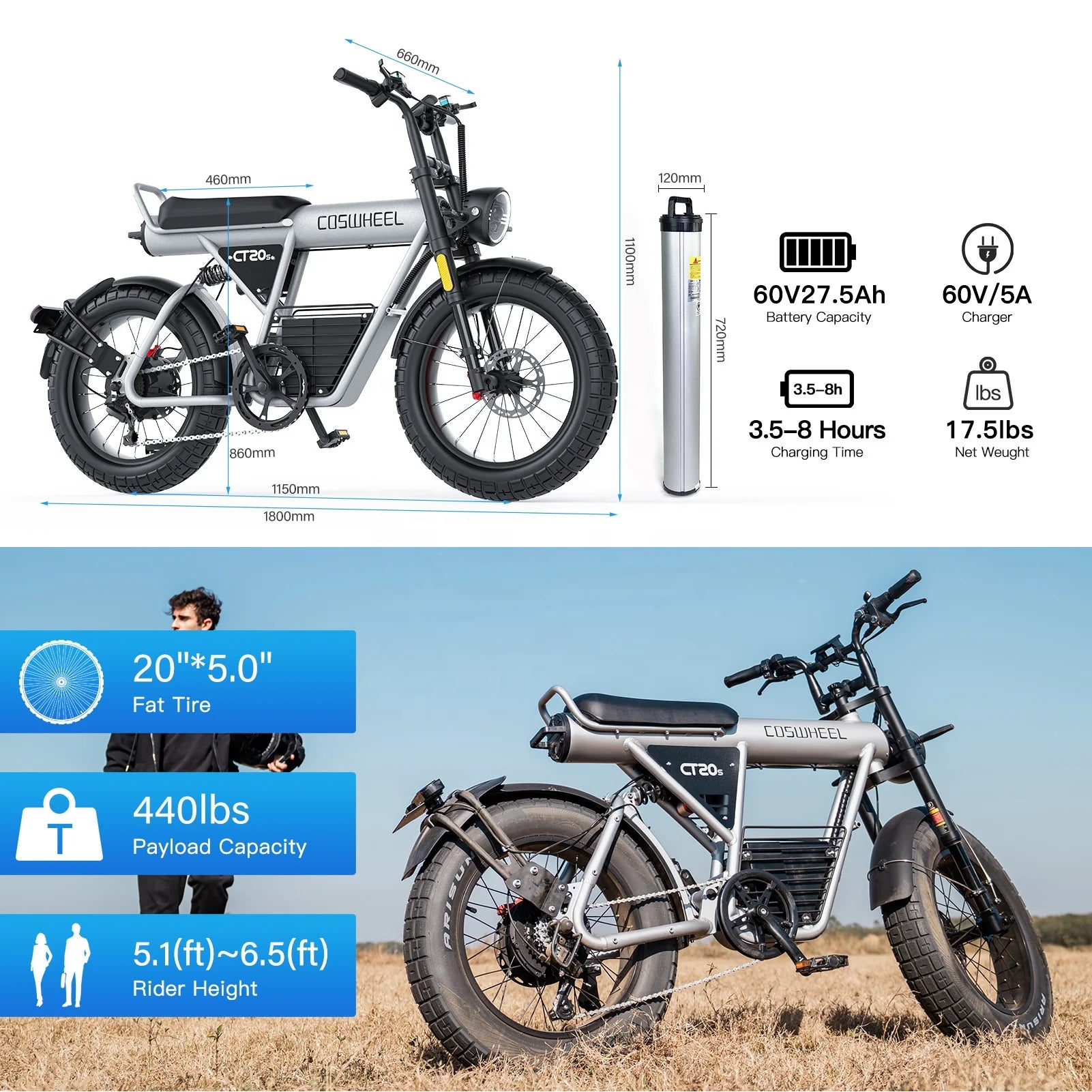 Coswheel CT20S Fat Tire Electric Bike Adults 60V 2000W Power Fast Ebike 50km/h High Speed E Dirt Bike Electric Mountain Bike