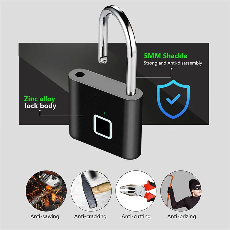 New Products 2025 Keyless Waterproof Metal Fingerprint Smart Padlock with USB Charging - Portable Mini Bike & Door Security Lock
