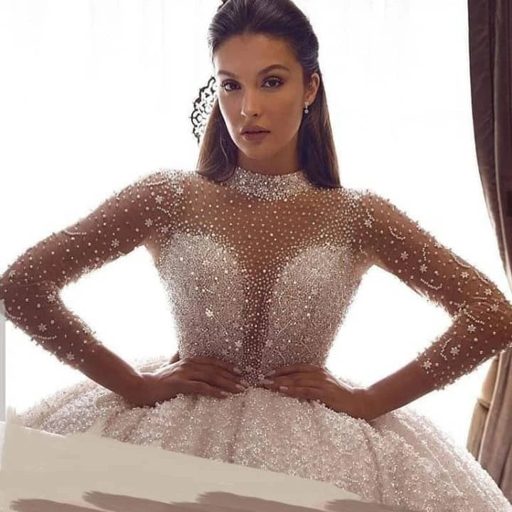 S3381F     2025   New Drop Shipping  Fashion High Quality Customize Long Round Neck  Wedding Gowns Dress Bridal Luxury