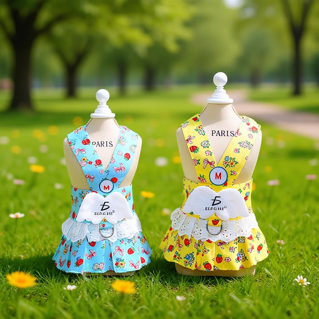 Cute Dog Harness Dress For Small Dogs With Fruits Pattern And Lace Trim In Blue And Yellow Colors, Spring Summer Fall Pet Appare