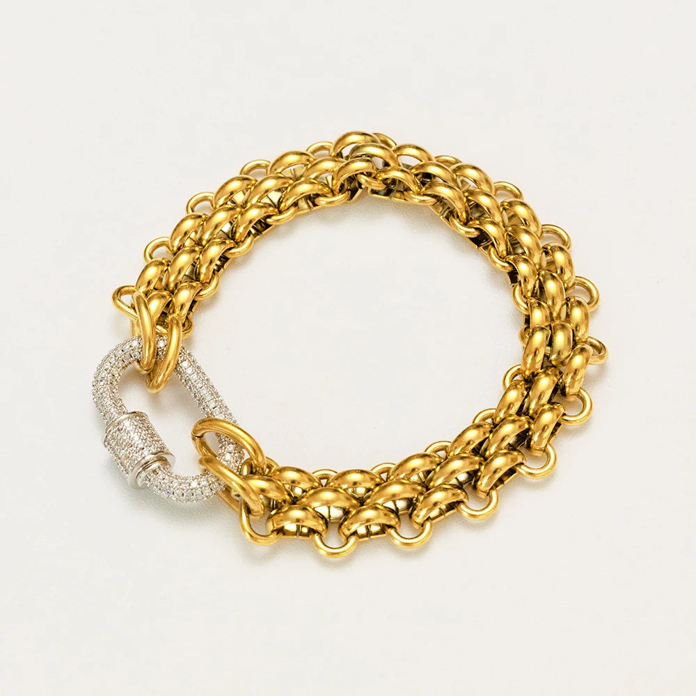 YF3811 Waterproof 18k Gold Plated Stainless Steel Hypoallergenicity Three Layer Weaving Chunky Chain Zircon Clasp Necklace