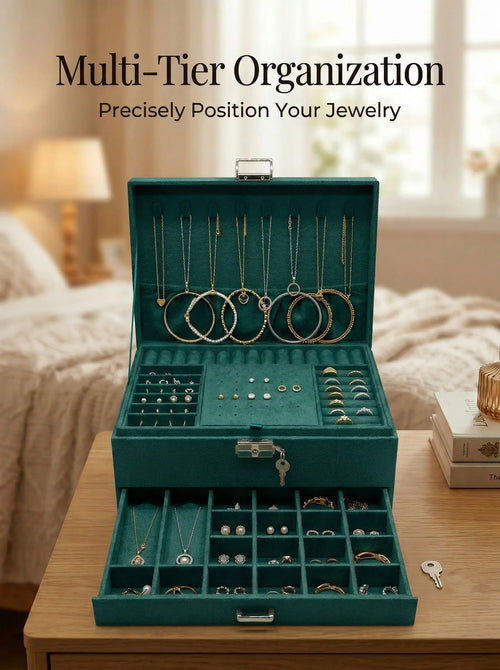 1pc 3 Layer Jewelry Storage Box Vintage Velvet Lockable Jewelry Box Storage Organizer for Earrings Necklaces Rings Bracelets
