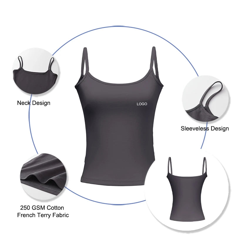 Women's Hot Summer Tank Top With Custom Logo 250GSM Camisole New Arrival Cotton Sleeve Shirts Spaghetti Strap Camis