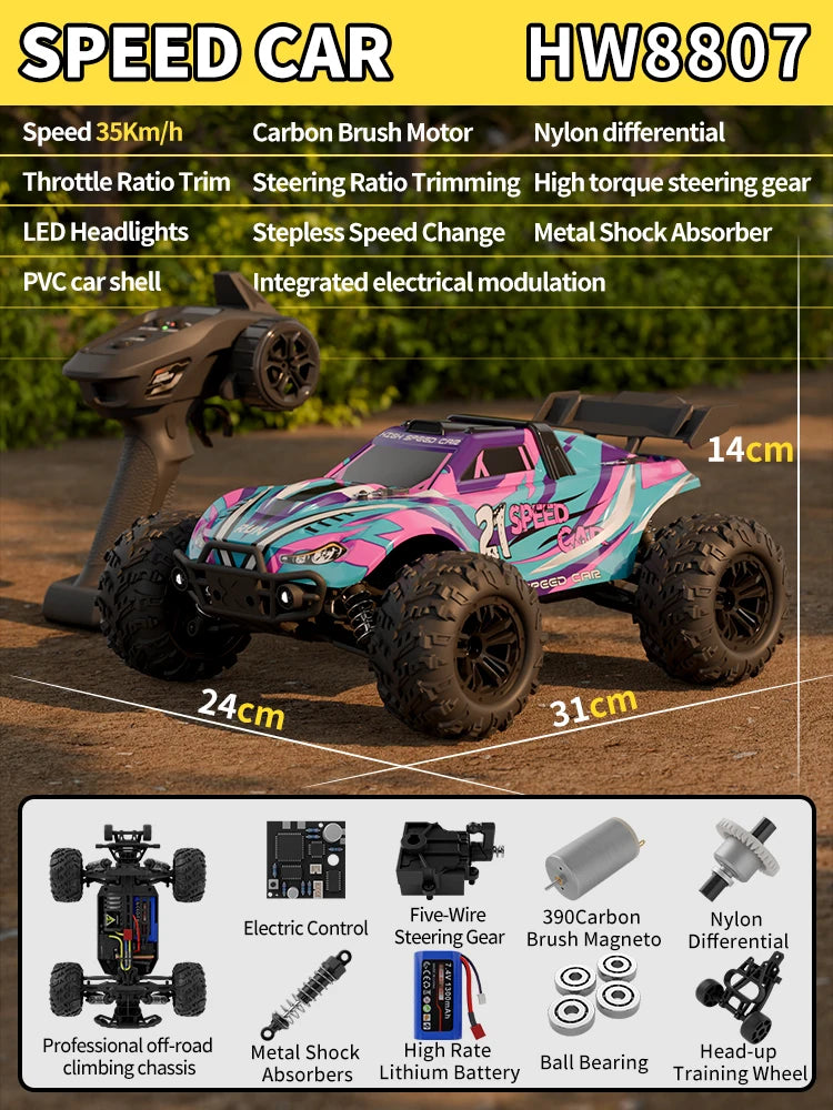 RC Pickup Truck 1/16 4WD Buggy Brush High-Speed 35km/h Off-Road Vehicle Remote Control Toy Racing Car HW8807