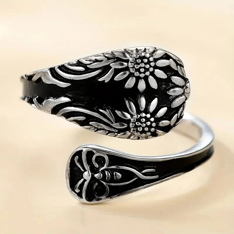 H450 Flower Cocktail Ring Antique Silver Plated Stainless Steel Unisex Gift Fashion Rings
