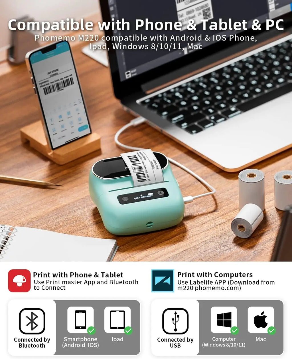 Phomemo M220 Mini Portable Label Maker Machine Wireless Address Label Printer Online Personal Business Use Barcode Compatible