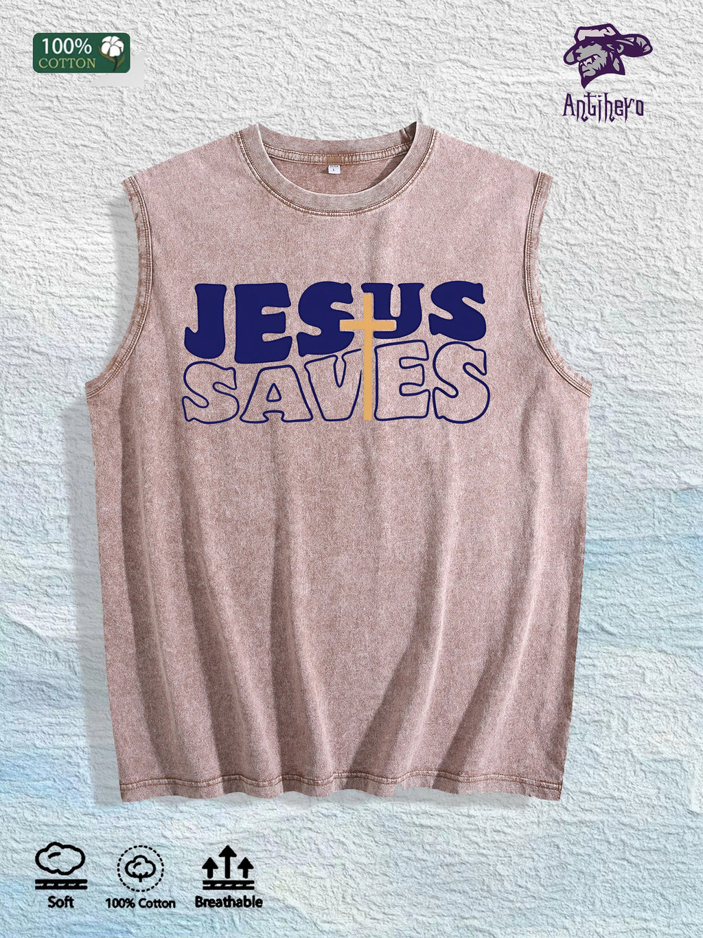 JESUS SAVES Religious Graphic Washed Vest US Warehouse 3 Colors Cotton Tank