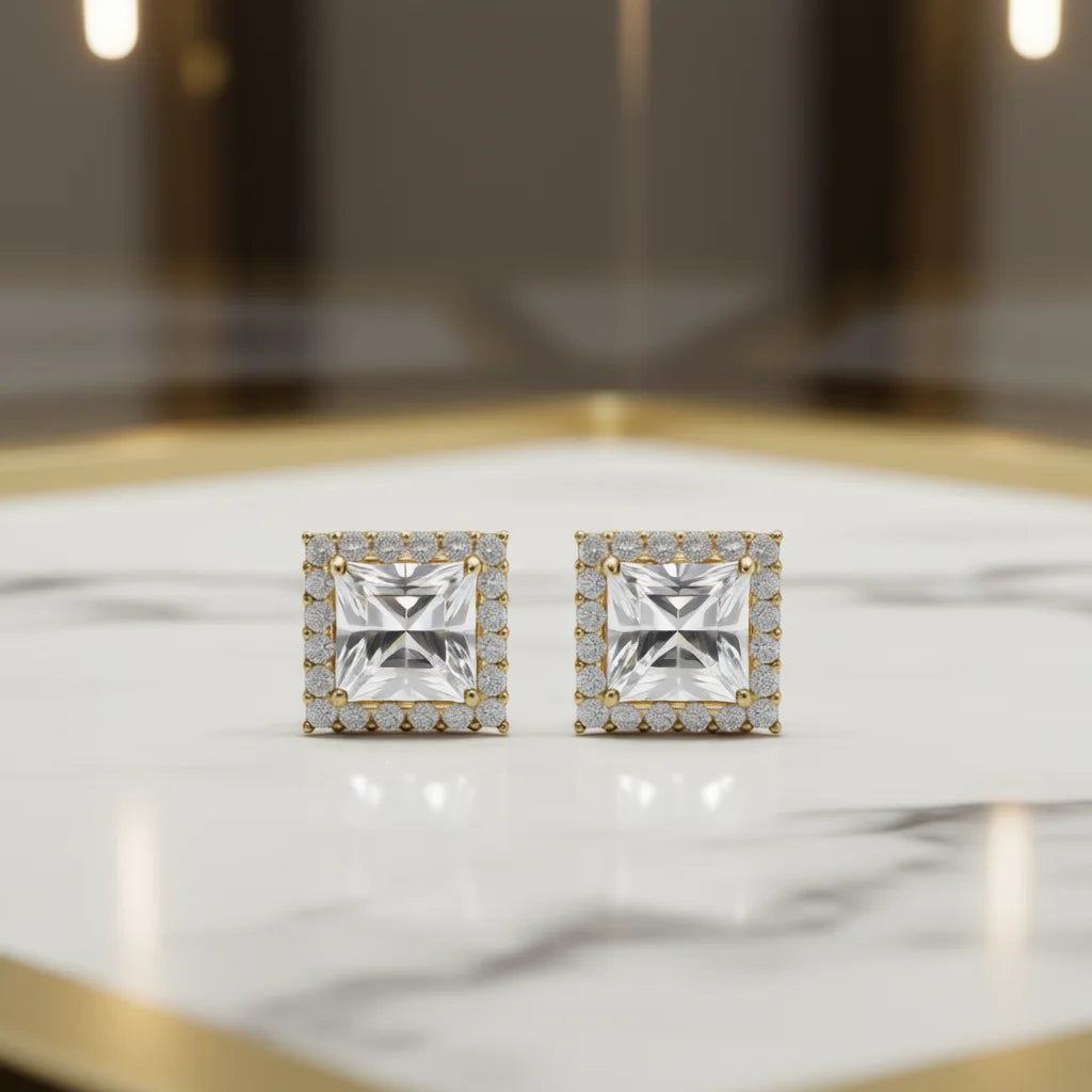 Aibeca Station Princess Cut Diamond Earrings 18K Solid Gold Classic Women's Everyday Wear