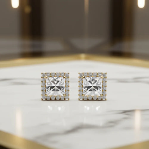 Aibeca Station Princess Cut Diamond Earrings 18K Solid Gold Classic Women's Everyday Wear