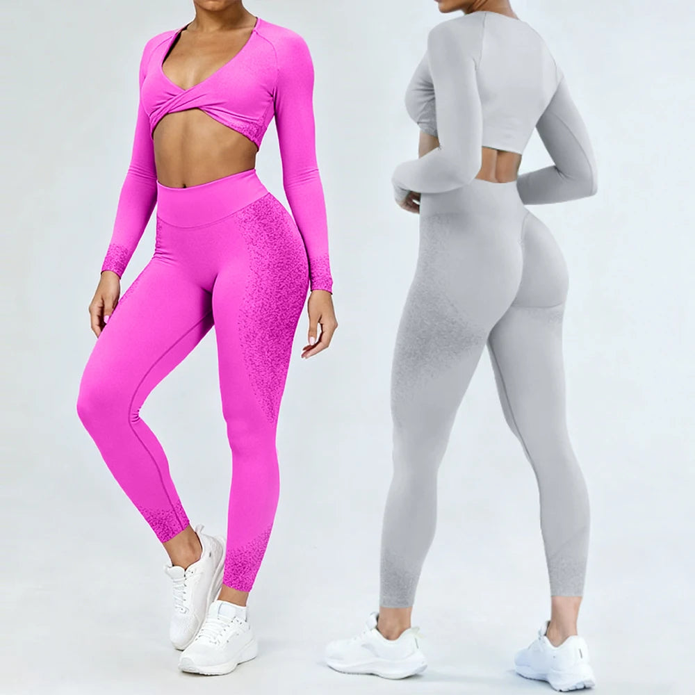 XW-Q075+Q073 Matching Lightweight Butt Lifting Gym Clothing Activewear Fitness Long Sleeve Leggings Athletic Women Yoga Wear Set