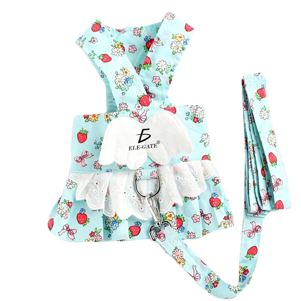 Cute Dog Harness Dress For Small Dogs With Fruits Pattern And Lace Trim In Blue And Yellow Colors, Spring Summer Fall Pet Appare