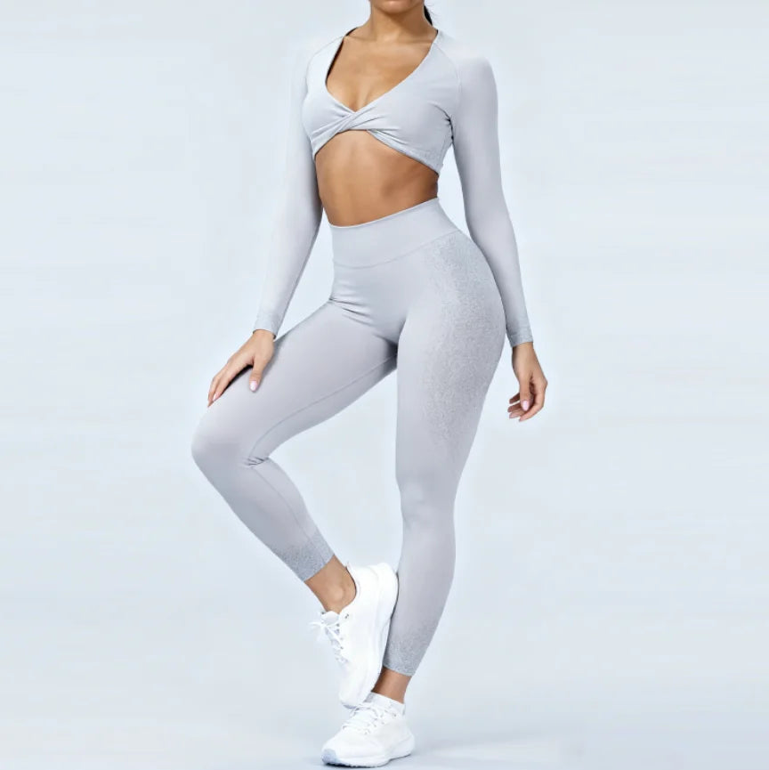 XW-Q075+Q073 Matching Lightweight Butt Lifting Gym Clothing Activewear Fitness Long Sleeve Leggings Athletic Women Yoga Wear Set