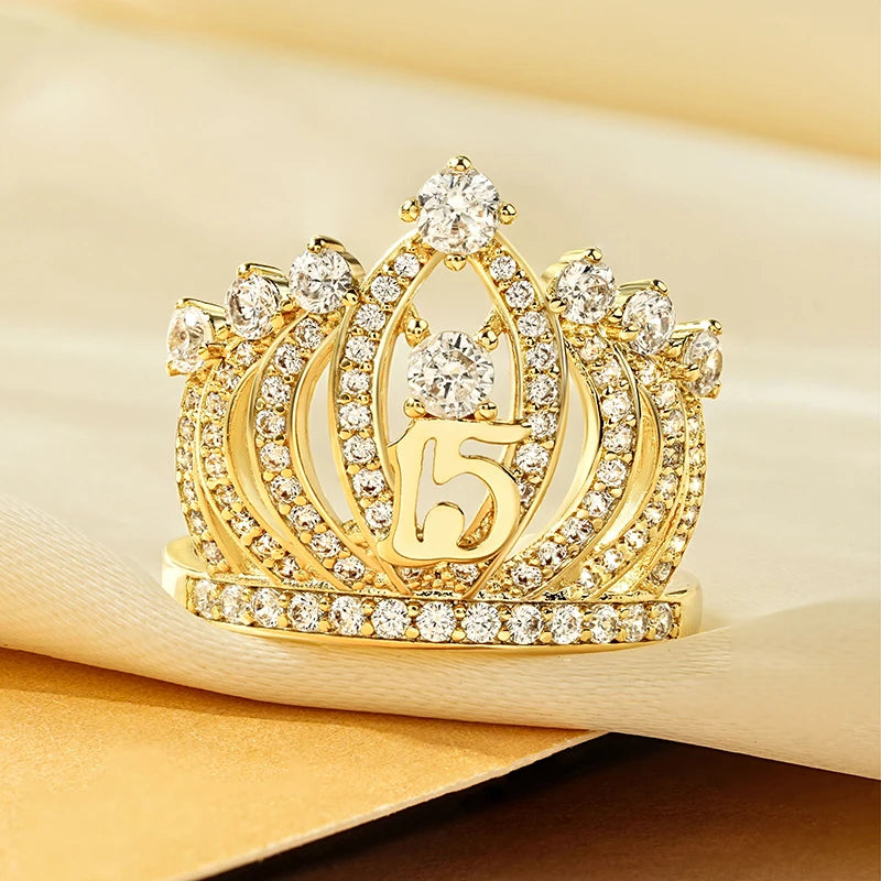 Best Sale Classic Fashion Jewelry Zircon Finger Inlaid Round Zirconia Number 15 Crown Engagement Rings for Lady Christmas Gift
