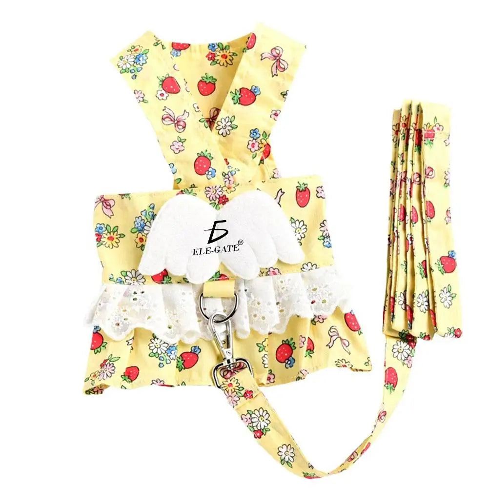 Cute Dog Harness Dress For Small Dogs With Fruits Pattern And Lace Trim In Blue And Yellow Colors, Spring Summer Fall Pet Appare