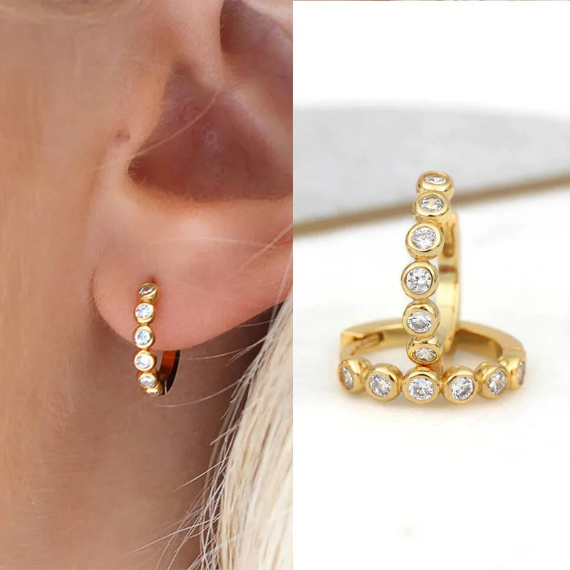 Gold Plated Huggie Earrings With Crystal Rhinestones Bezel Set Round Brilliant Cut For Women Party Trendy Fashion Jewelry