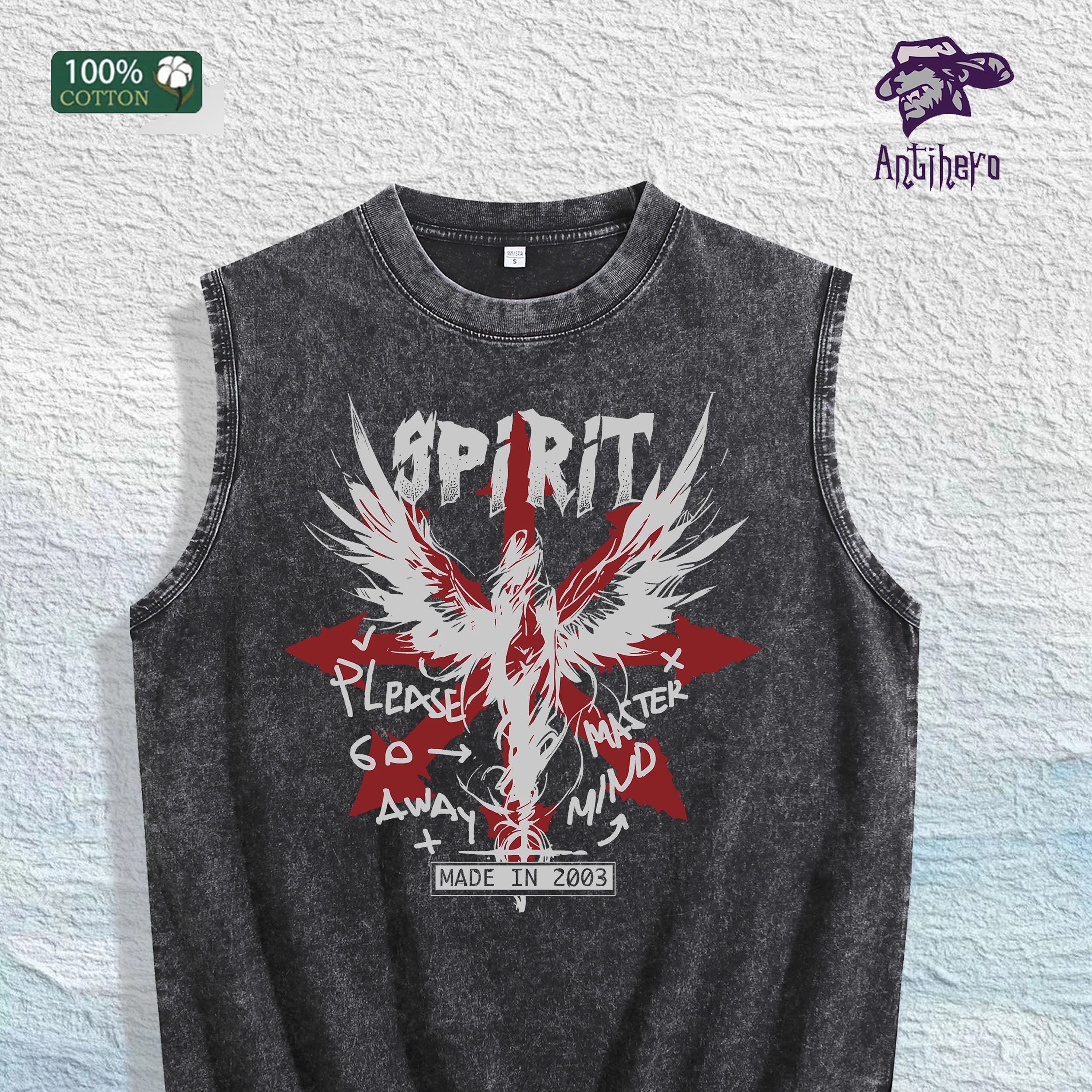 Spirit Winged Graphic Washed Vest US Warehouse 3 Colors Cotton Tank