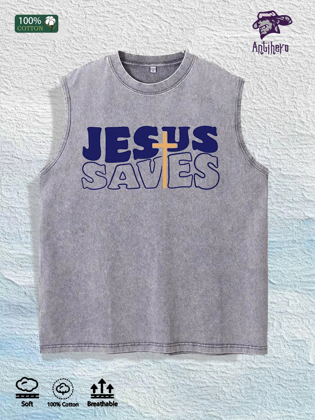 JESUS SAVES Religious Graphic Washed Vest US Warehouse 3 Colors Cotton Tank