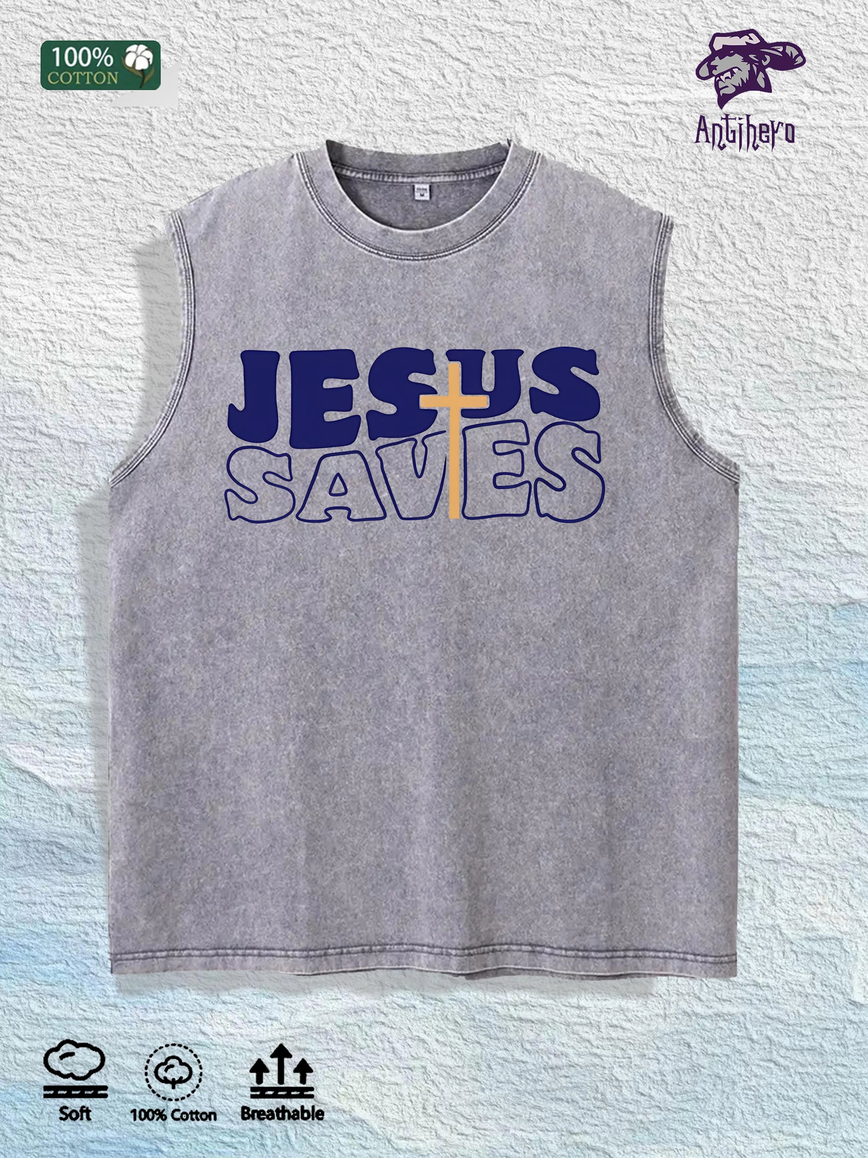 JESUS SAVES Religious Graphic Washed Vest US Warehouse 3 Colors Cotton Tank