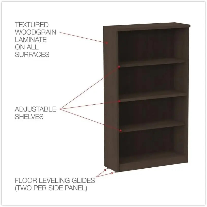 Alera Valencia Series Four-Shelf Music Bookcase Espresso Finish Bedroom Study Room Hospital Use Door Mount Living Room 32.48W X