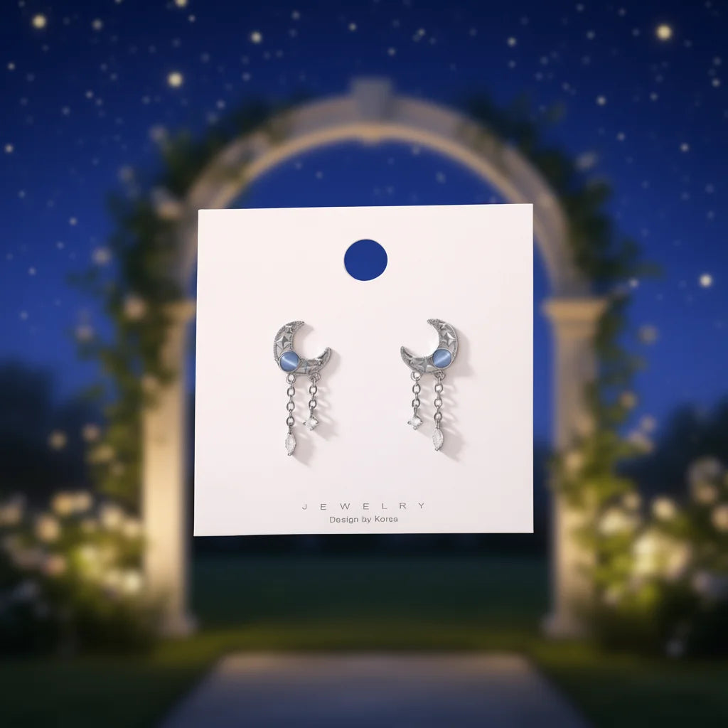 Moon Shape Drop Earrings 925 Silver White Gold Crystal Rhinestone Pear Cut Bezel Setting Romantic Women Everyday Wear