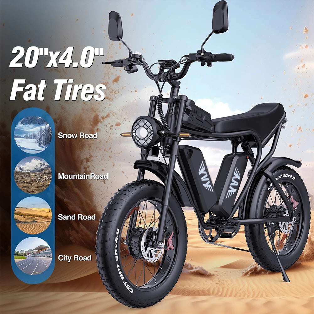 YVY Q20Pro 52V 40ah 20" Fat Tire Dual Motor Lithium Battery Electric Mountain Dirt Bike Off Road Electric Bicycle for Adults