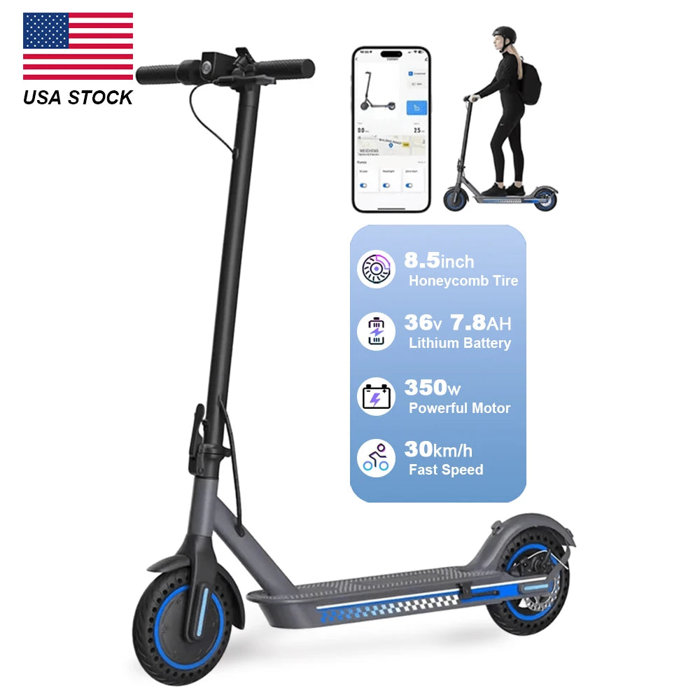 US Stock 350W Motor Aluminum Alloy Frame E Scooter Blue Mobility Moped 30kmh Electric Bike Foldable Scooter With Suspension