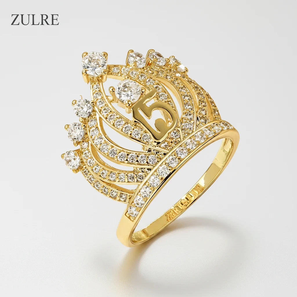 Best Sale Classic Fashion Jewelry Zircon Finger Inlaid Round Zirconia Number 15 Crown Engagement Rings for Lady Christmas Gift