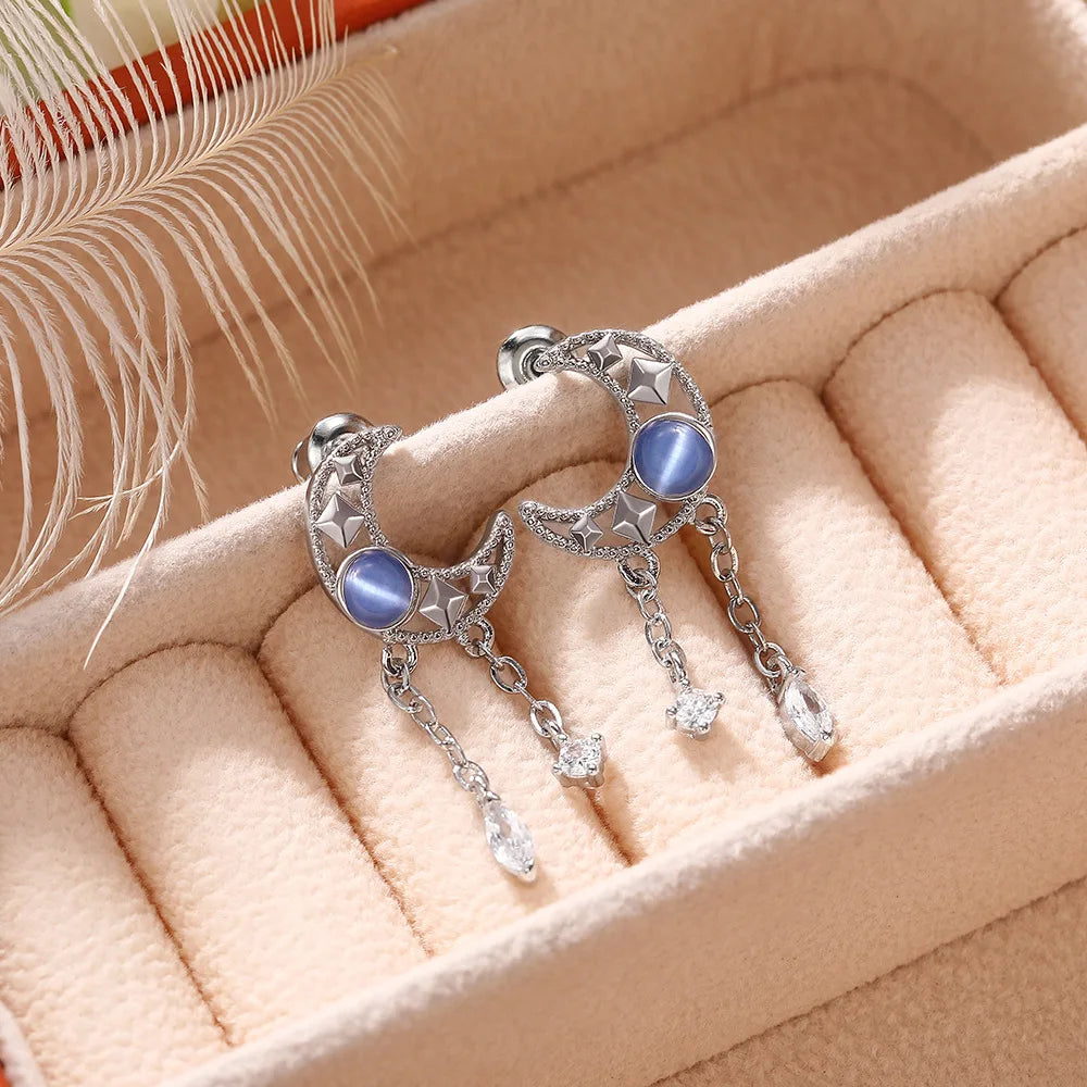 Moon Shape Drop Earrings 925 Silver White Gold Crystal Rhinestone Pear Cut Bezel Setting Romantic Women Everyday Wear