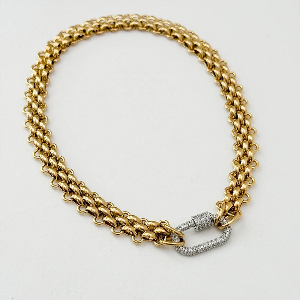 YF3811 Waterproof 18k Gold Plated Stainless Steel Hypoallergenicity Three Layer Weaving Chunky Chain Zircon Clasp Necklace