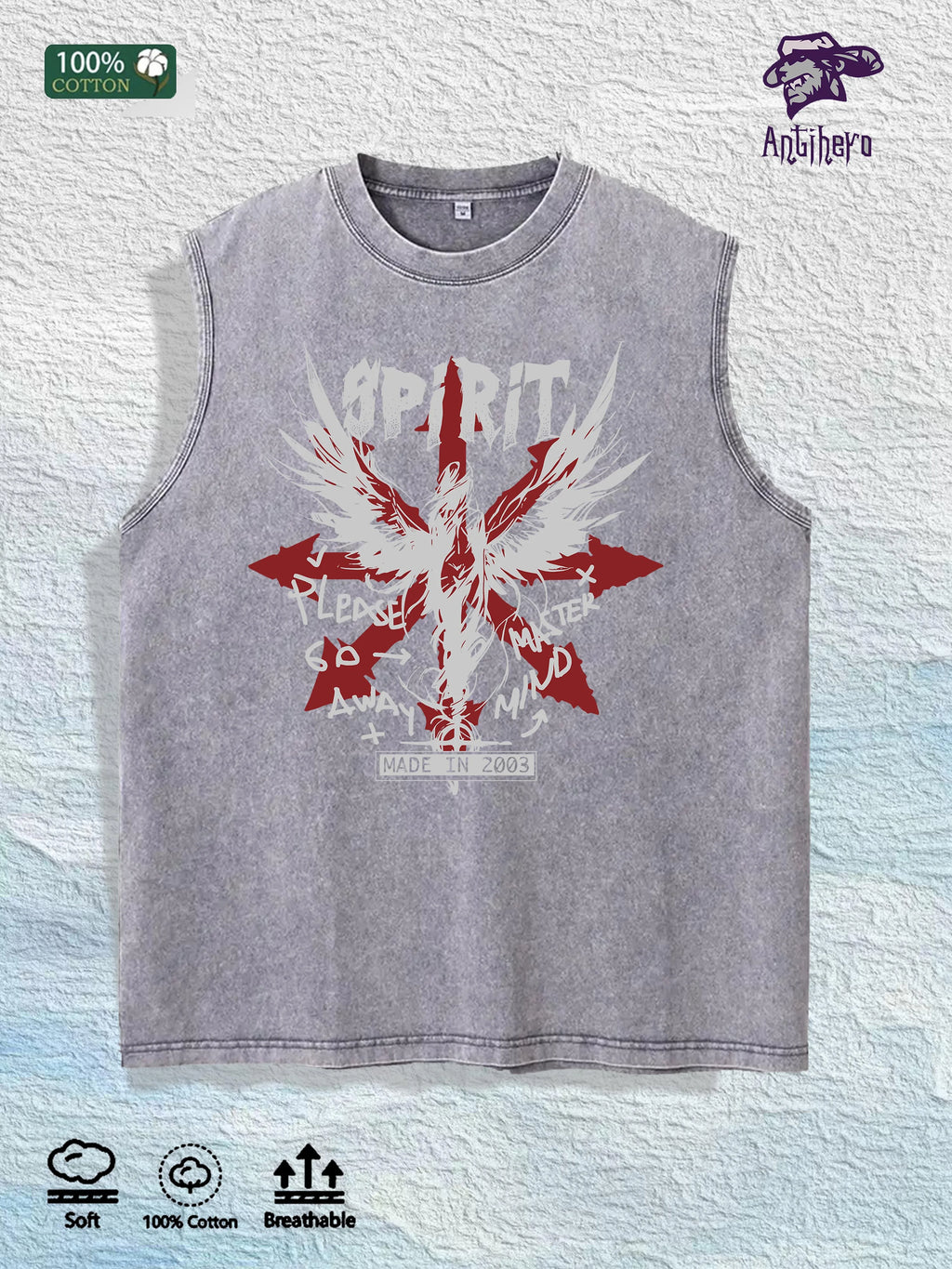 Spirit Winged Graphic Washed Vest US Warehouse 3 Colors Cotton Tank