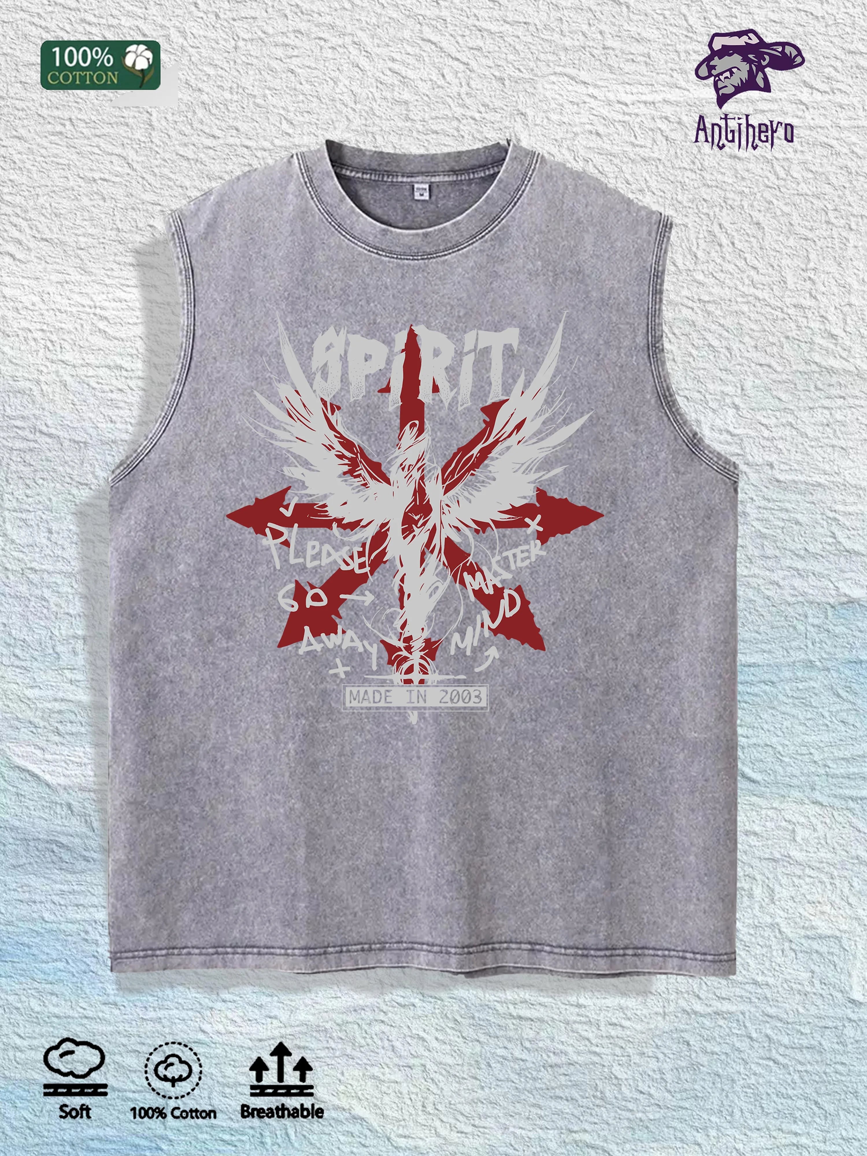 Spirit Winged Graphic Washed Vest US Warehouse 3 Colors Cotton Tank