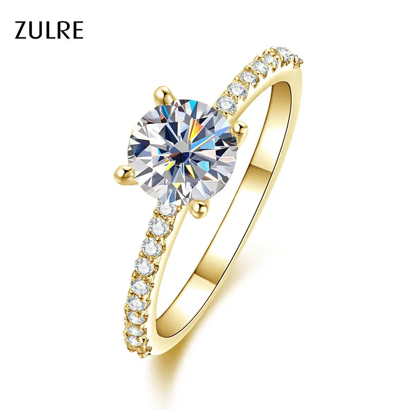 Luxury 14K Gold Filled High-Quality Copper Round Cut Moissanite Ring Four-Prong Classic Engagement Ring Jewelry for Women Gift