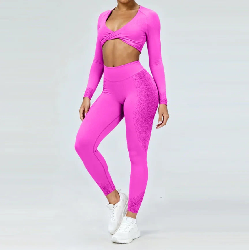 XW-Q075+Q073 Matching Lightweight Butt Lifting Gym Clothing Activewear Fitness Long Sleeve Leggings Athletic Women Yoga Wear Set