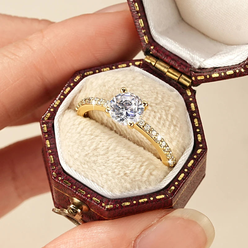 Luxury 14K Gold Filled High-Quality Copper Round Cut Moissanite Ring Four-Prong Classic Engagement Ring Jewelry for Women Gift