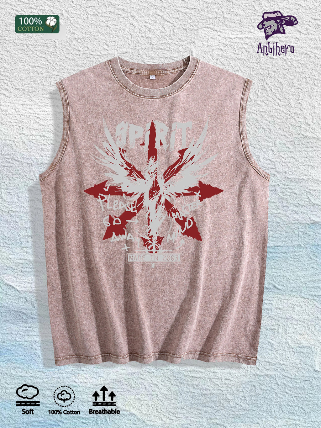 Spirit Winged Graphic Washed Vest US Warehouse 3 Colors Cotton Tank