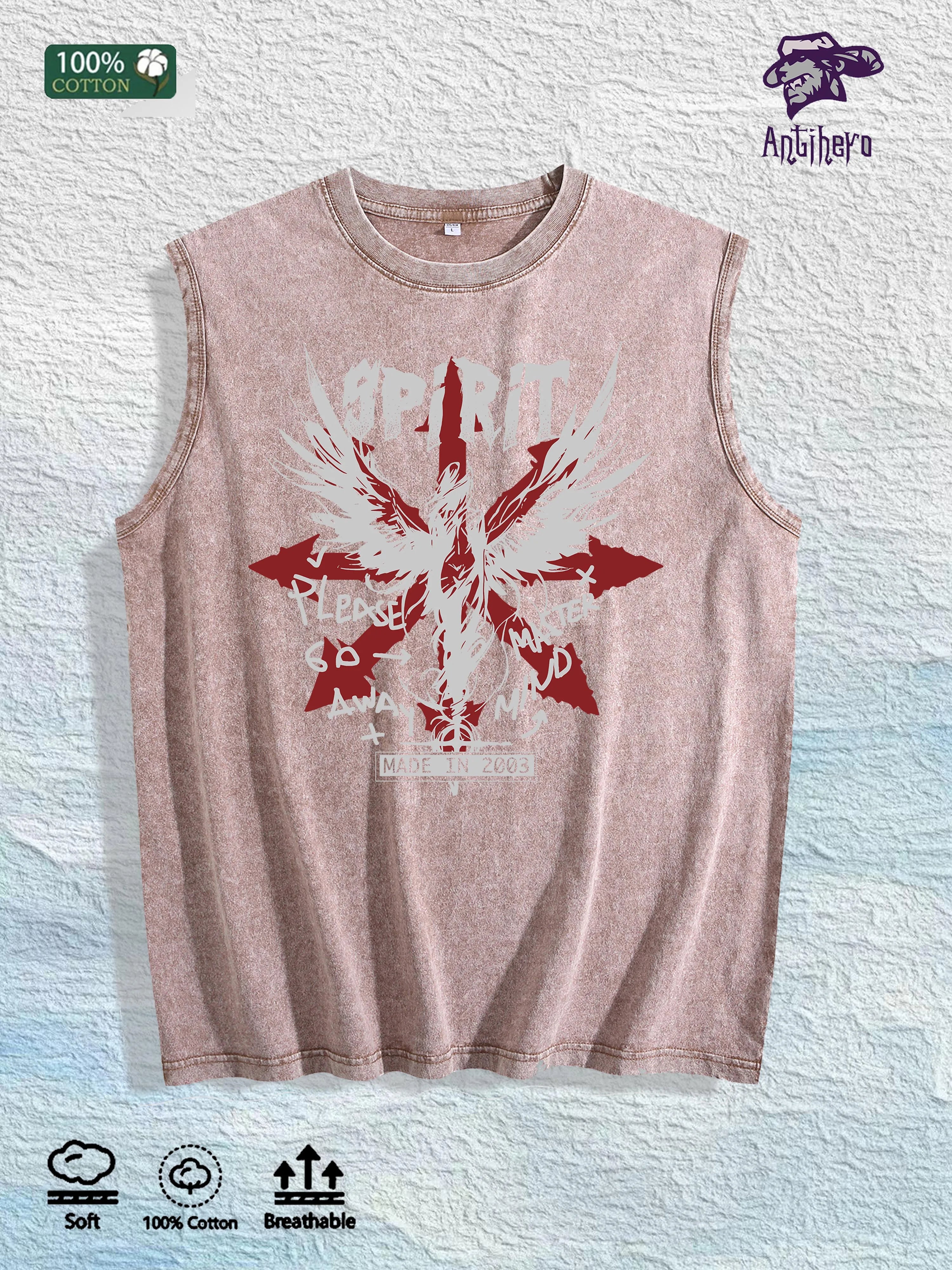 Spirit Winged Graphic Washed Vest US Warehouse 3 Colors Cotton Tank