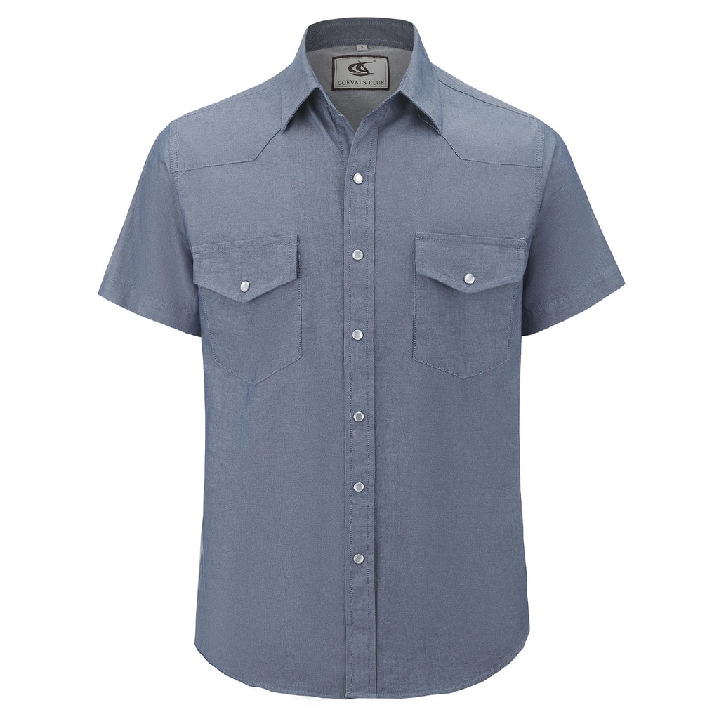 Mens Denim Western Cowboy Causal Pearl Snap Button up Short Sleeve Regular Fit Shirts