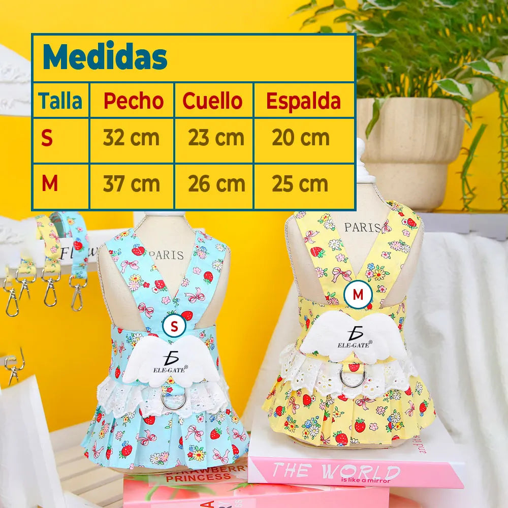 Cute Dog Harness Dress For Small Dogs With Fruits Pattern And Lace Trim In Blue And Yellow Colors, Spring Summer Fall Pet Appare